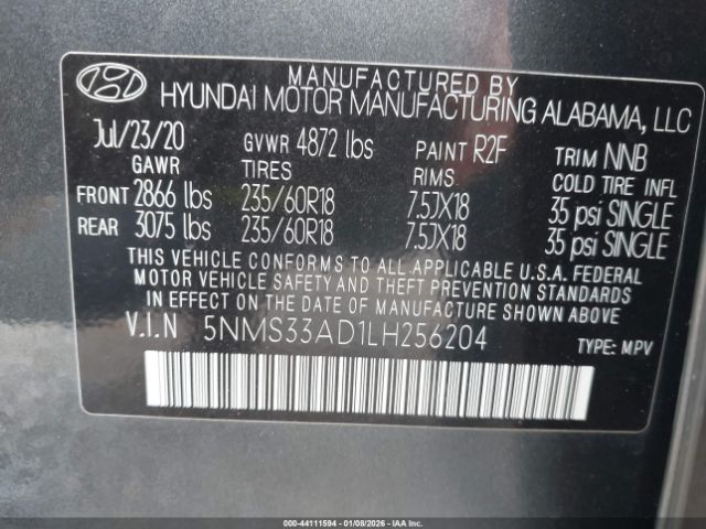 2020 HYUNDAI SANTA FE 5NMS33AD1LH256204 Photo 8