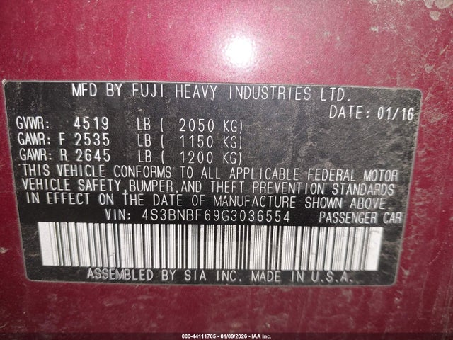 Aukcja sprzedaży 2016 Subaru Legacy 2.5i Premium, vin: 4S3BNBF69G3036554, numer aukcji: 44111705