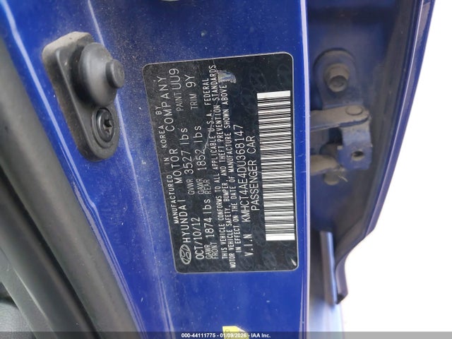 2013 Hyundai Accent Gls მანქანა იყიდება აუქციონზე, vin: KMHCT4AE4DU368147, აუქციონის ნომერი: 44111775