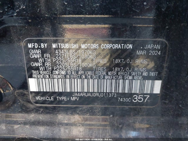 44111824 :رقم المزاد ، JA4ARUAU0RU011373 vin ، 2024 Mitsubishi Outlander Sport 2.0 Es Awc/2.0 Le Awc/2.0 Ralliart Awc/2.0 S Awc/2.0 Se Awc/2.0 Trail Edition Awc مزاد بيع