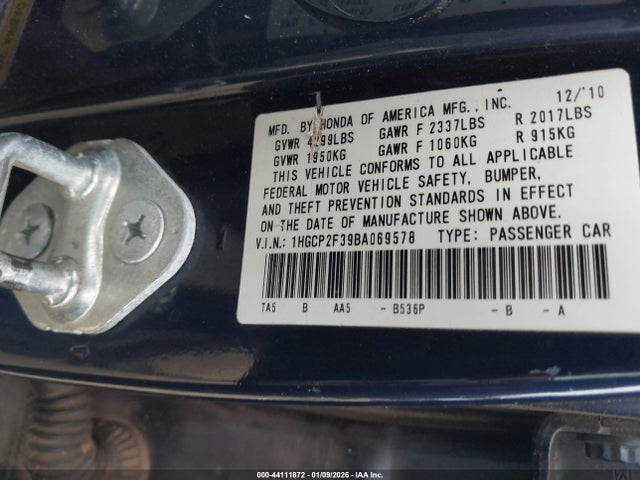 44111872 :رقم المزاد ، 1HGCP2F39BA069578 vin ، 2011 Honda Accord 2.4 Lx مزاد بيع