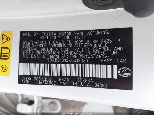 44111893 :رقم المزاد ، 58ABZ1B19KU012335 vin ، 2019 Lexus Es 350 Luxury مزاد بيع
