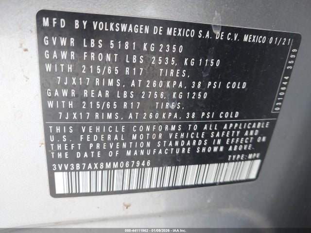 2021 Volkswagen Tiguan 2.0t Se/2.0t Se R-line Black/2.0t Sel მანქანა იყიდება აუქციონზე, vin: 3VV3B7AX8MM067946, აუქციონის ნომერი: 44111962