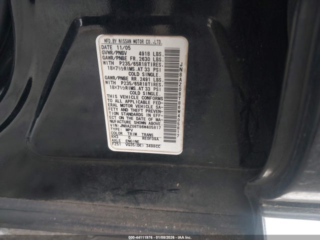 2006 Nissan Murano Sl მანქანა იყიდება აუქციონზე, vin: JN8AZ08T86W405817, აუქციონის ნომერი: 44111976
