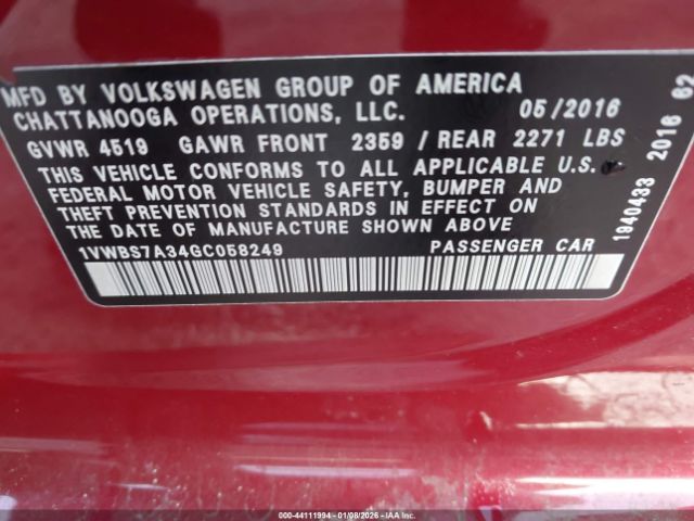 2016 VOLKSWAGEN PASSAT 1VWBS7A34GC058249 Photo 8