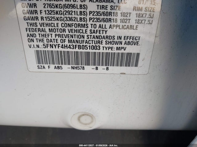Honda Pilot Ex 2015 5FNYF4H43FB051003 Image 9