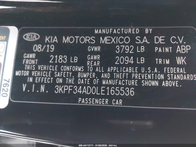 3KPF34AD0LE165536 KIA Forte Gt-line