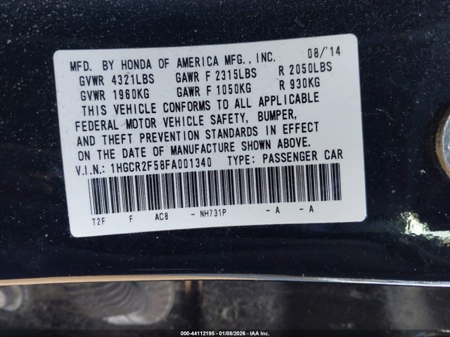 Aukcja sprzedaży 2015 Honda Accord Sport, vin: 1HGCR2F58FA001340, numer aukcji: 44112195
