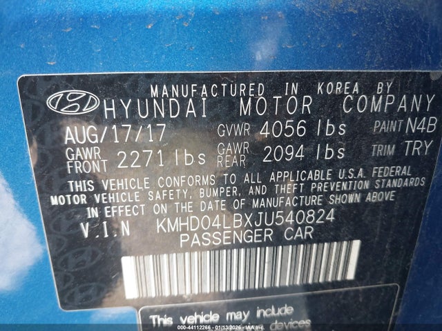 Aukcja sprzedaży 2018 Hyundai Elantra Sport, vin: KMHD04LBXJU540824, numer aukcji: 44112266
