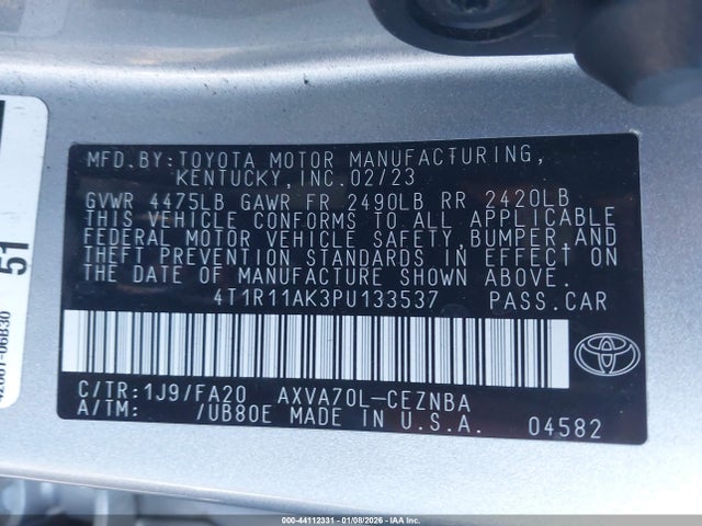 4T1R11AK3PU133537 Toyota CAMRY LE
