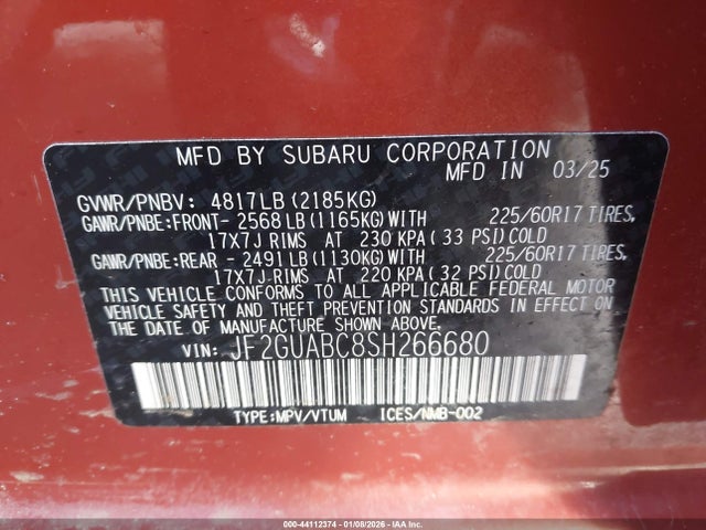 Продажа на аукционе авто 2025 Subaru Crosstrek, vin: JF2GUABC8SH266680, номер лота: 44112374