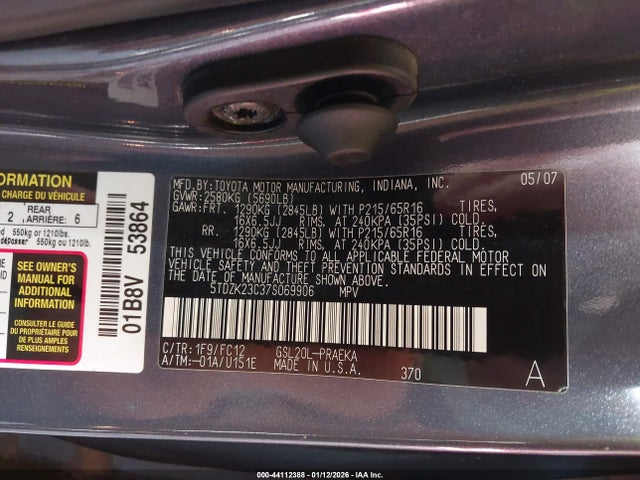 44112388 :رقم المزاد ، 5TDZK23C37S069906 vin ، 2007 Toyota Sienna Le مزاد بيع