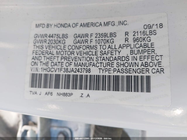 44112393 :رقم المزاد ، 1HGCV1F38JA243798 vin ، 2018 Honda Accord Sport مزاد بيع