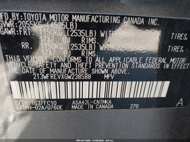 2T3WFREVXGW238588 Toyota Rav4 Xle