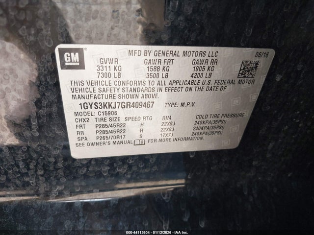 44112604 :رقم المزاد ، 1GYS3KKJ7GR409467 vin ، 2016 Cadillac Escalade Esv Platinum مزاد بيع