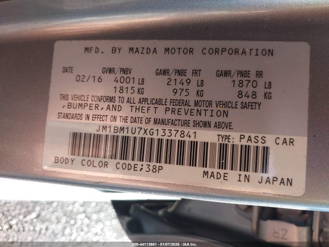 2016 Mazda Mazda3 მანქანა იყიდება აუქციონზე, vin: JM1BM1U7XG1337841, აუქციონის ნომერი: 44112661