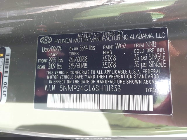 5NMP24GL6SH111333 Hyundai Santa Fe Sel