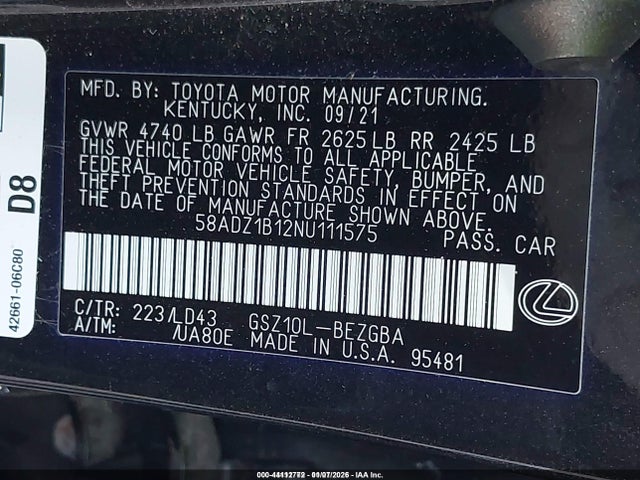 2022 Lexus Es 350 მანქანა იყიდება აუქციონზე, vin: 58ADZ1B12NU111575, აუქციონის ნომერი: 44112772