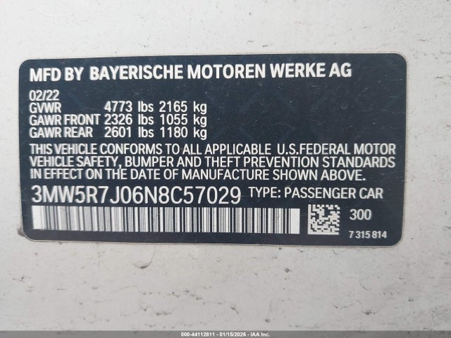 Продажа на аукционе авто 2022 Bmw 330i Xdrive, vin: 3MW5R7J06N8C57029, номер лота: 44112811