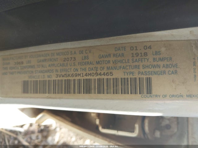 44112900 :رقم المزاد ، 3VWSK69M14M094465 vin ، 2004 Volkswagen Jetta Gls 2.0l مزاد بيع
