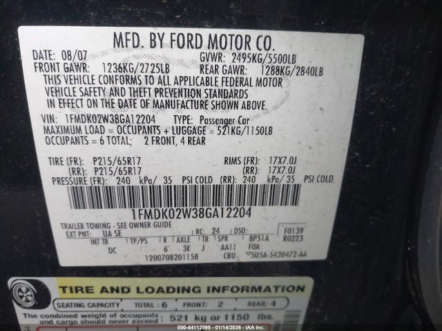 2008 FORD TAURUS X 1FMDK02W38GA12204 Photo 8