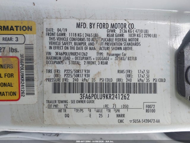 Ford Fusion Hybrid Se 2019 3FA6P0LU9KR241262 Image 9