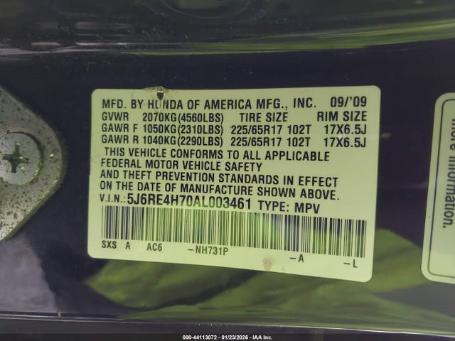 2010 Honda Cr-v Ex-l მანქანა იყიდება აუქციონზე, vin: 5J6RE4H70AL003461, აუქციონის ნომერი: 44113072