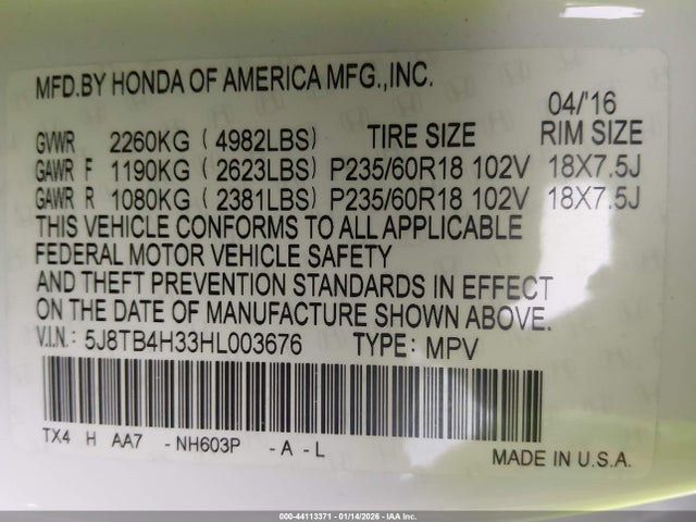 44113371 :رقم المزاد ، 5J8TB4H33HL003676 vin ، 2017 Acura Rdx Acurawatch Plus Package مزاد بيع