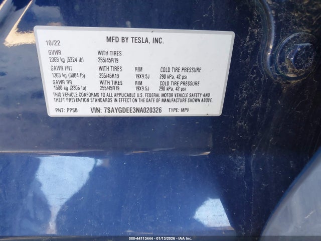 44113444 :رقم المزاد ، 7SAYGDEE3NA020326 vin ، 2022 Tesla Model Y Long Range Dual Motor All-wheel Drive مزاد بيع