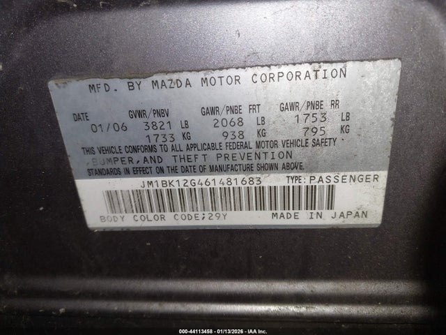 44113458 :رقم المزاد ، JM1BK12G461481683 vin ، 2006 Mazda Mazda3 I مزاد بيع
