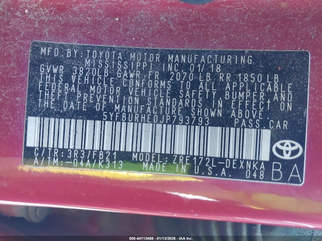 5YFBURHE0JP793793 Toyota COROLLA LE