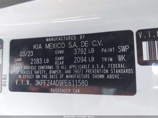 Aukcja sprzedaży 2023 Kia Forte Lxs, vin: 3KPF24AD9PE611580, numer aukcji: 44113480