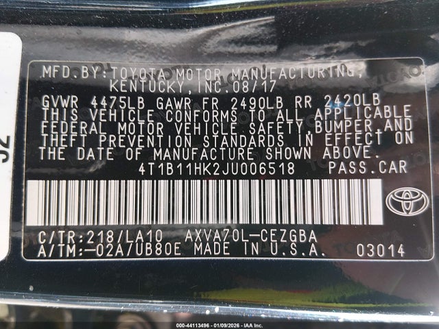 4T1B11HK2JU006518 Toyota CAMRY XLE