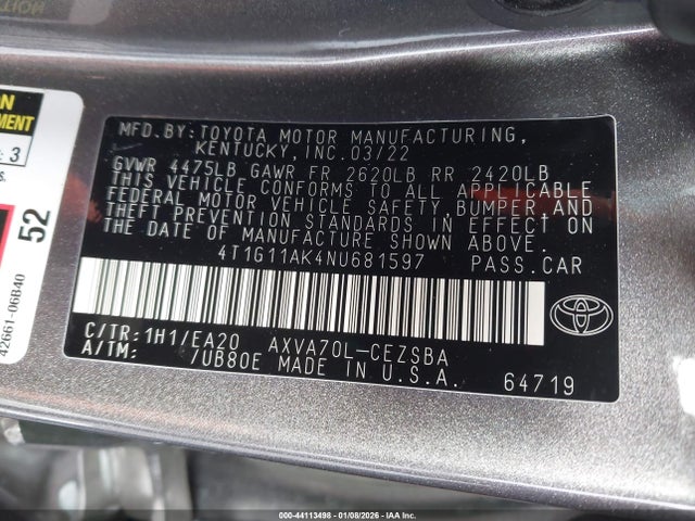 4T1G11AK4NU681597 Toyota CAMRY SE