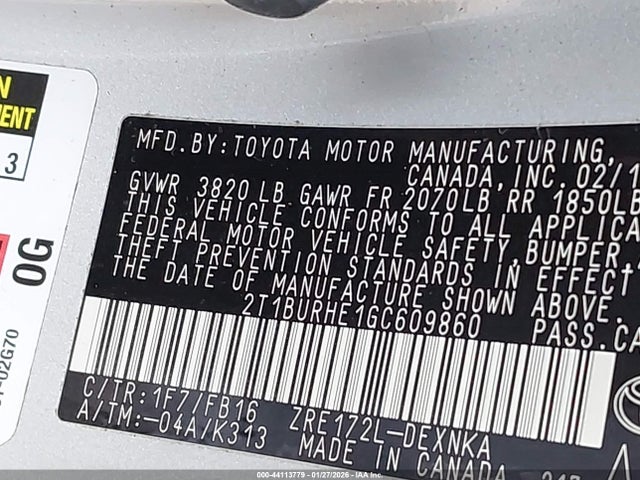 2T1BURHE1GC609860 Toyota COROLLA LE