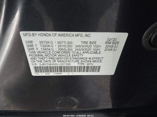 Aukcja sprzedaży 2020 Acura Mdx Technology Package, vin: 5J8YD4H55LL021395, numer aukcji: 44113831