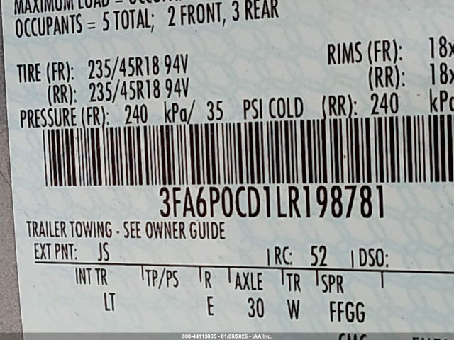 Ford FUSION SEL 2020 3FA6P0CD1LR198781 Image 9