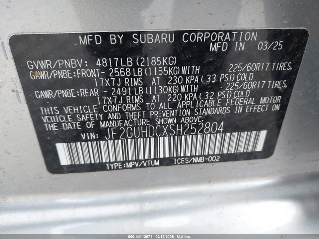 Aukcja sprzedaży 2025 Subaru Crosstrek Premium, vin: JF2GUHDCXSH252804, numer aukcji: 44113971