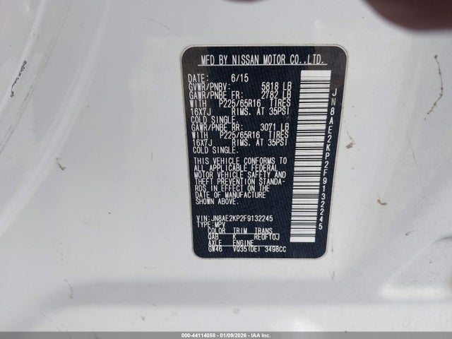 Nissan Quest Sv 2015 JN8AE2KP2F9132245 Image 9
