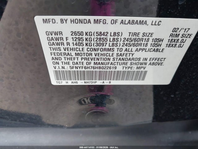 5FNYF6H76HB022619 Honda Pilot Ex-l
