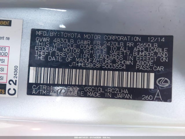 Aukcja sprzedaży 2015 Lexus Rc 350, vin: JTHHE5BC8F5003554, numer aukcji: 44114131