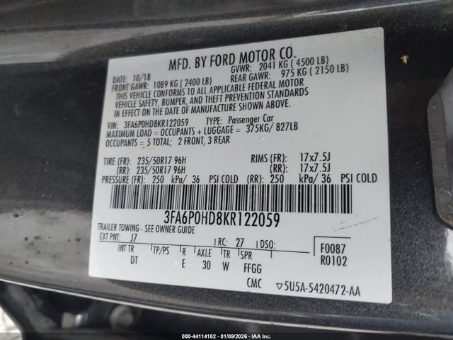 Ford FUSION SE 2019 3FA6P0HD8KR122059 Image 9