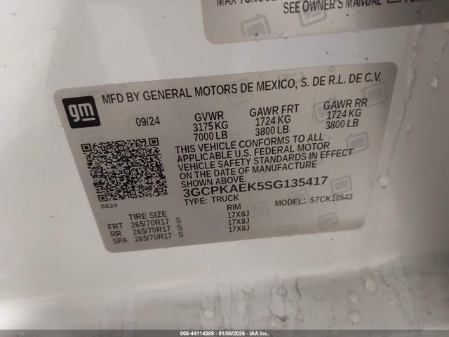 2025 Chevrolet Silverado 1500 მანქანა იყიდება აუქციონზე, vin: 3GCPKAEK5SG135417, აუქციონის ნომერი: 44114389