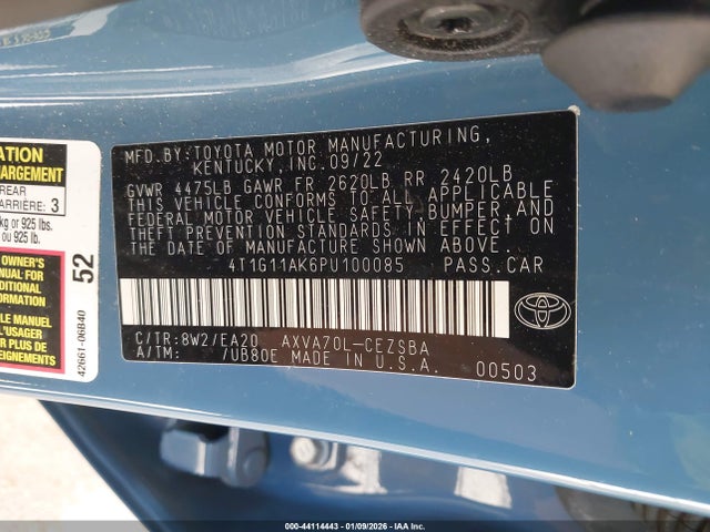 Продажа на аукционе авто 2023 Toyota Camry Se, vin: 4T1G11AK6PU100085, номер лота: 44114443