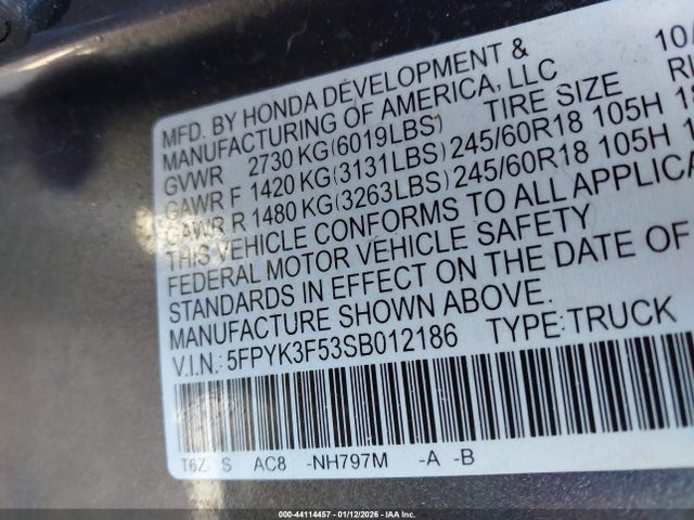 44114457 :رقم المزاد ، 5FPYK3F53SB012186 vin ، 2025 Honda Ridgeline Rtl مزاد بيع