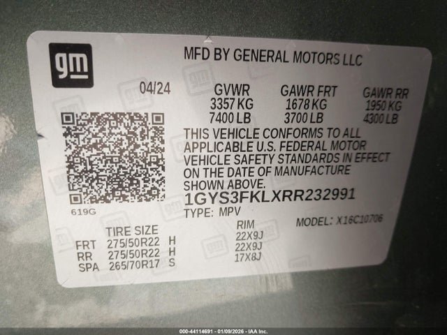44114691 :رقم المزاد ، 1GYS3FKLXRR232991 vin ، 2024 Cadillac Escalade 2wd Sport مزاد بيع