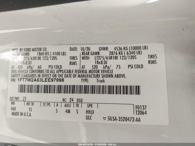 Продаж на аукціоні авто 2020 Ford F-250 Xl, vin: 1FT7W2A63LEE97998, номер лоту: 44114760
