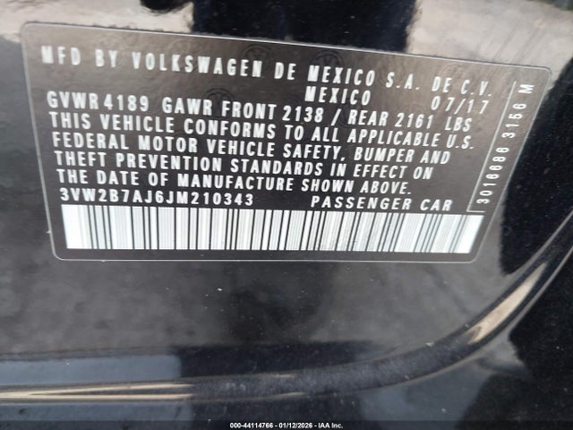 2018 Volkswagen Jetta S მანქანა იყიდება აუქციონზე, vin: 3VW2B7AJ6JM210343, აუქციონის ნომერი: 44114766