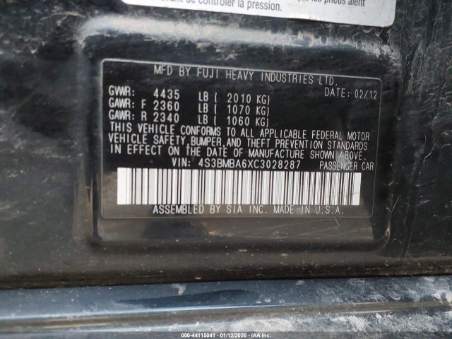 44115041 :رقم المزاد ، 4S3BMBA6XC3028287 vin ، 2012 Subaru Legacy 2.5i مزاد بيع