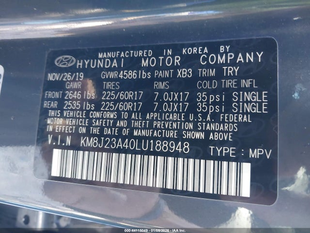 2020 Hyundai Tucson Se მანქანა იყიდება აუქციონზე, vin: KM8J23A40LU188948, აუქციონის ნომერი: 44115049